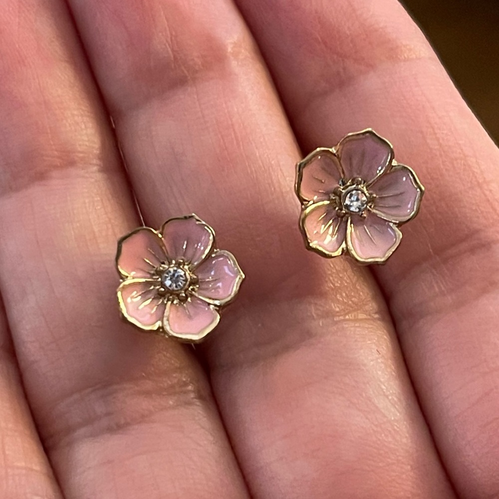 Pink enamel flower diamanté gold tone stud earrings